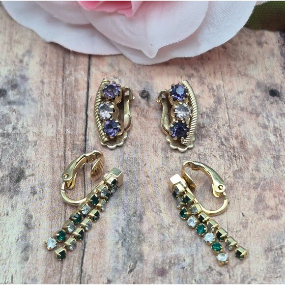 Lot of 2 Gold Tone Minimalist Clip On Earrings Dainty Dangle Rhinestones CUTE - Picture 2 of 9